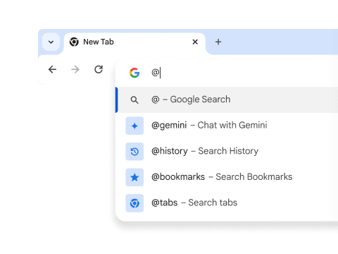 A dropdown with shortcuts for Gemini, History, Bookmarks, and Tabs.